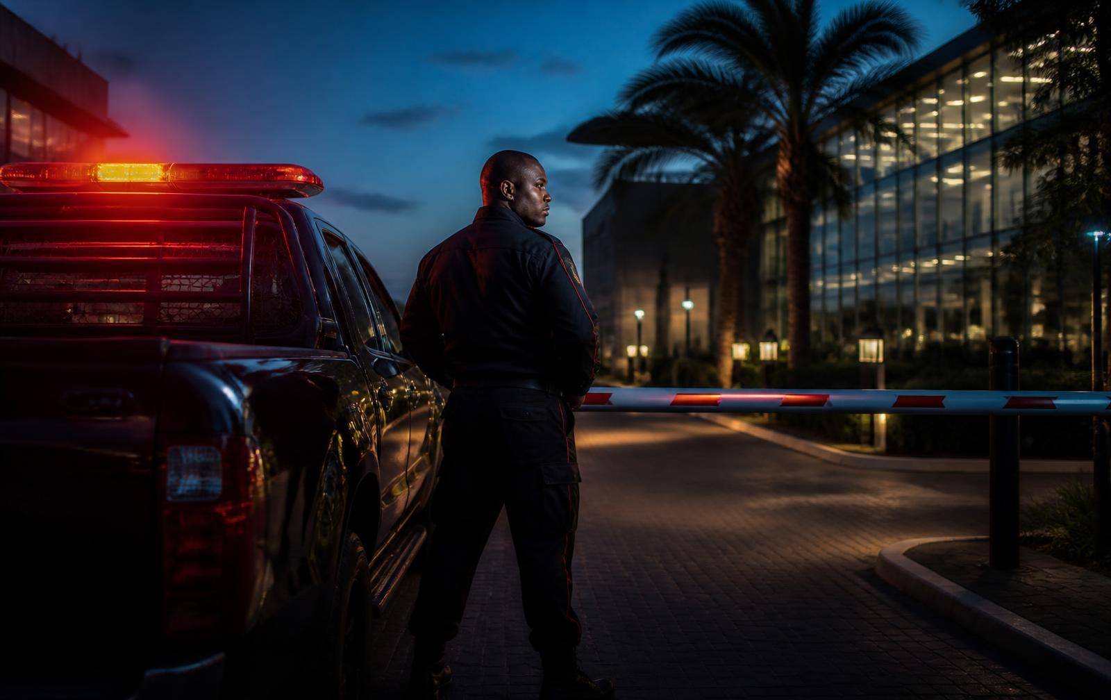 Warhawk security officer managing a controlled pedestrian gate at a school campus