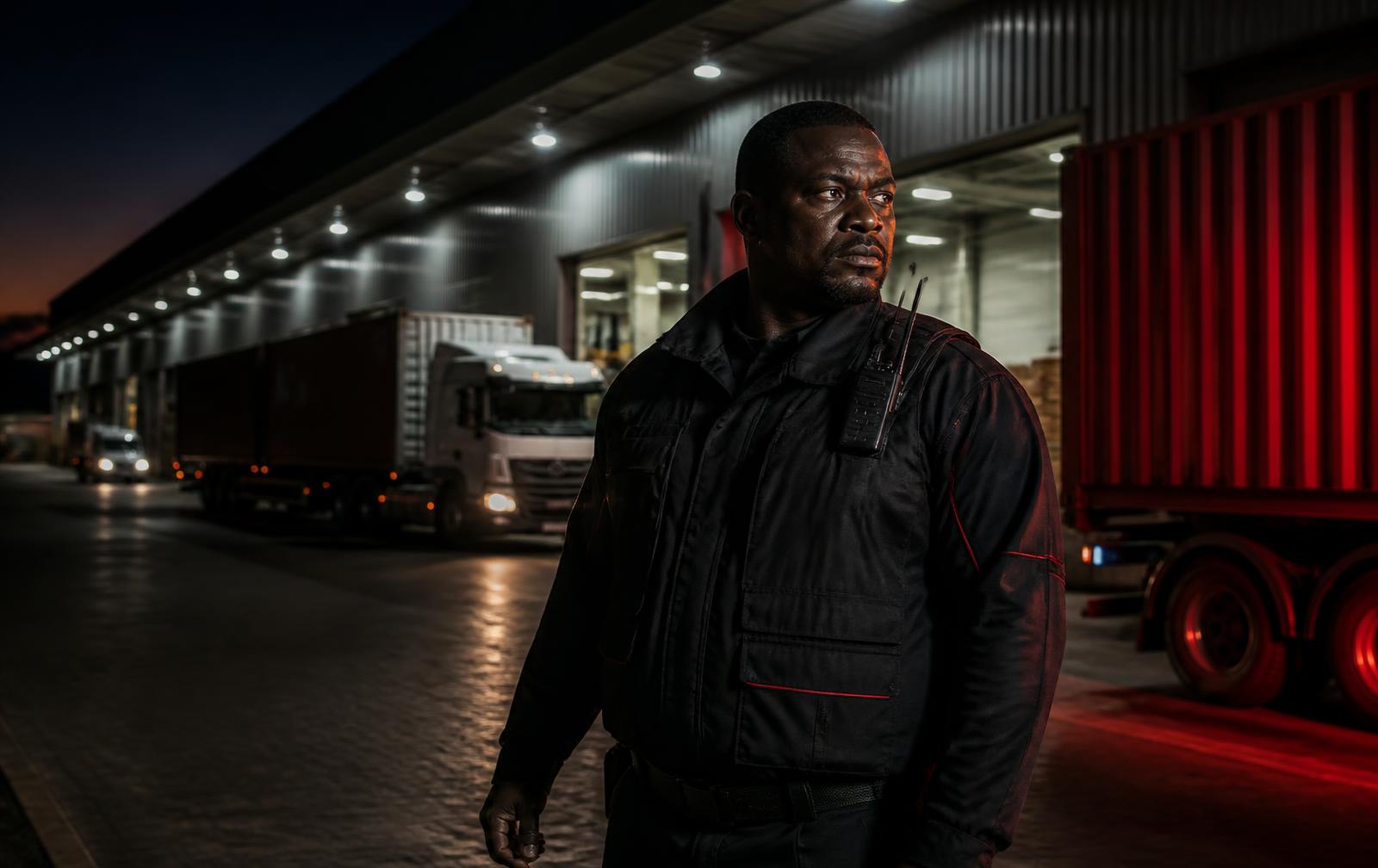 Warhawk security officer patrolling a warehouse yard at dusk